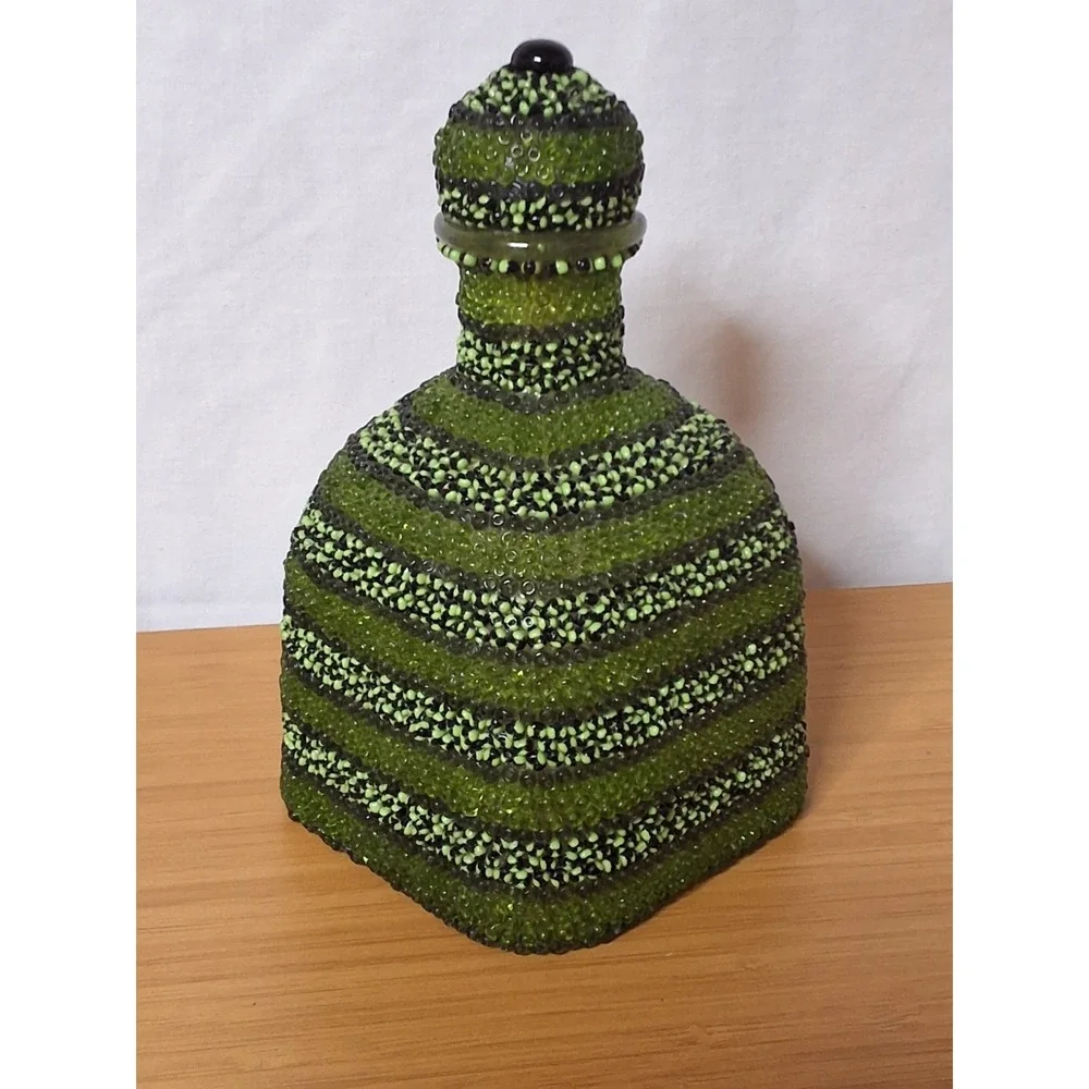 Custom Upcycled Beaded Patron Tequlila Bottle Decanter Green Boho Decor Art
